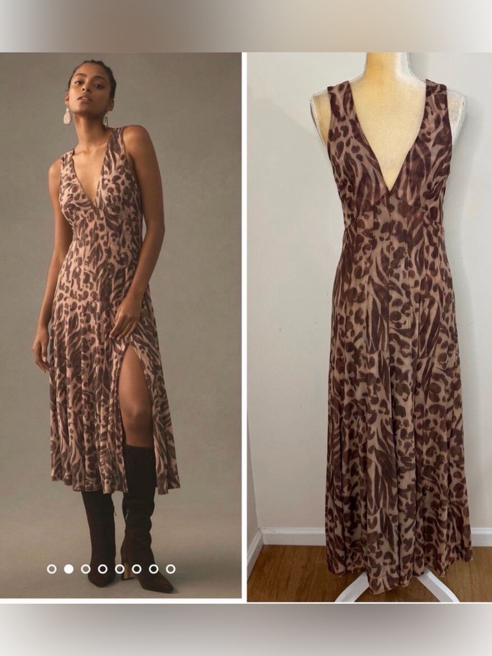 Anthropologie Printed Mesh Slip Dress Animal Print Maxi Dress in Brown &